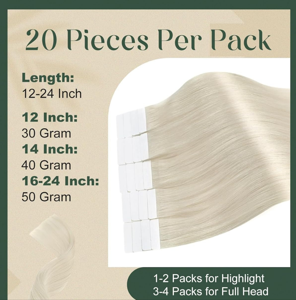 Remy Human Hair Extensions #60A White Blonde Tape in Invisible - 30Grams/20Pcs - Pure Finesse