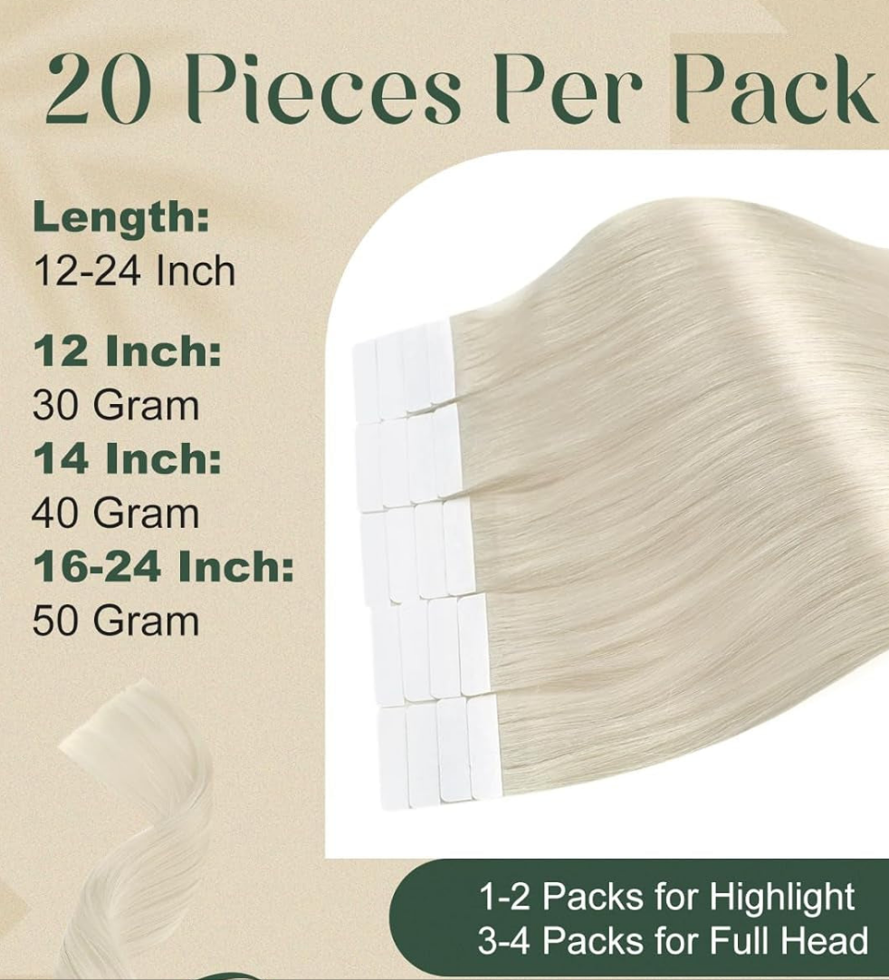 Remy Human Hair Extensions #60A White Blonde Tape in Invisible - 30Grams/20Pcs - Pure Finesse