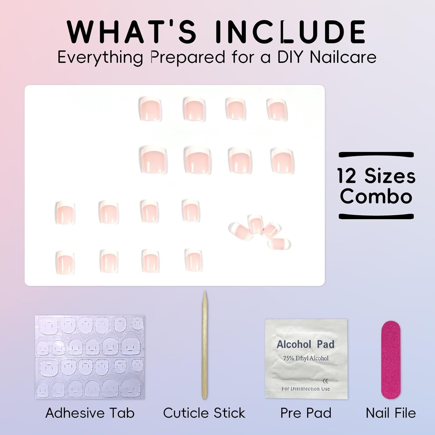 Short Press on Nails, Natural Fake Nails Frech Tip Press on Nails Glue on Nails Kit with 2 Adhesive Tab, Nail File, Cuticle Stick and Prep Pad, 24 Nails