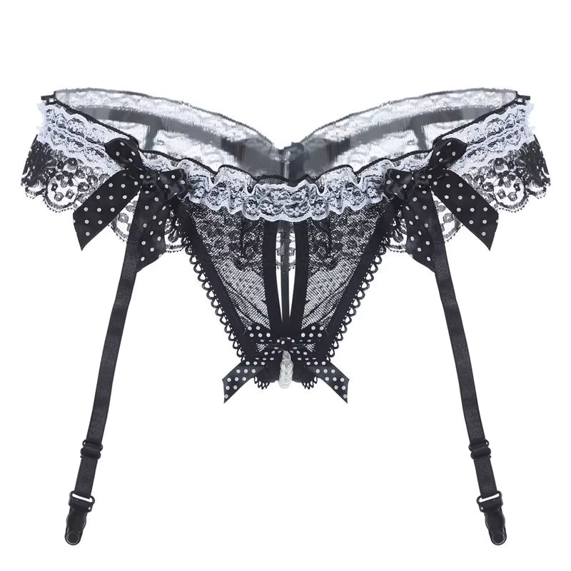 Women Sexy Lace Transparent Garters Belt Seamless Intimate Underwear Pearl Massage Panties with Suspender Belt for Stockings