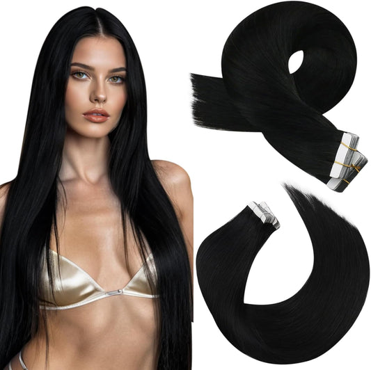 Jet Black Tape in Hair Extensions Human Hair 20Inch Glam Seamless Tape in Extensions Remy Human Hair 20Pieces/50Grams Thin Track Invisible Tape in Human Hair Extensions
