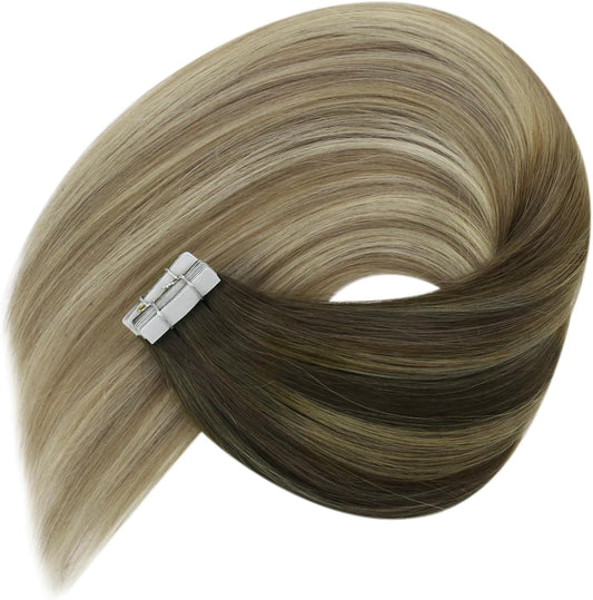 Tape in Hair Extensions Invisible Tape in Hair Extensions Human Hair 20Inch Dark Brown with Blonde Balayage Human Hair Tape in Extensions for Women 20Pcs