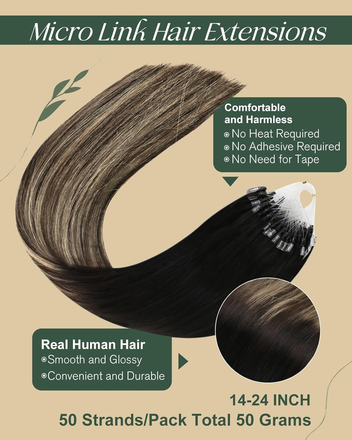 Hair Extensions Micro Loop 16 Inch Micro Ring Human Hair Extensions 50Gram Micro Loop Fusion Remy Human Hair Extensions Balayage Color 50S