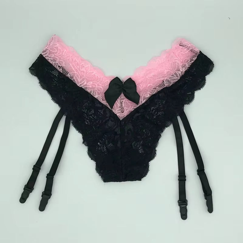 Women Sexy Lace Transparent Garters Belt Seamless Intimate Underwear Pearl Massage Panties with Suspender Belt for Stockings
