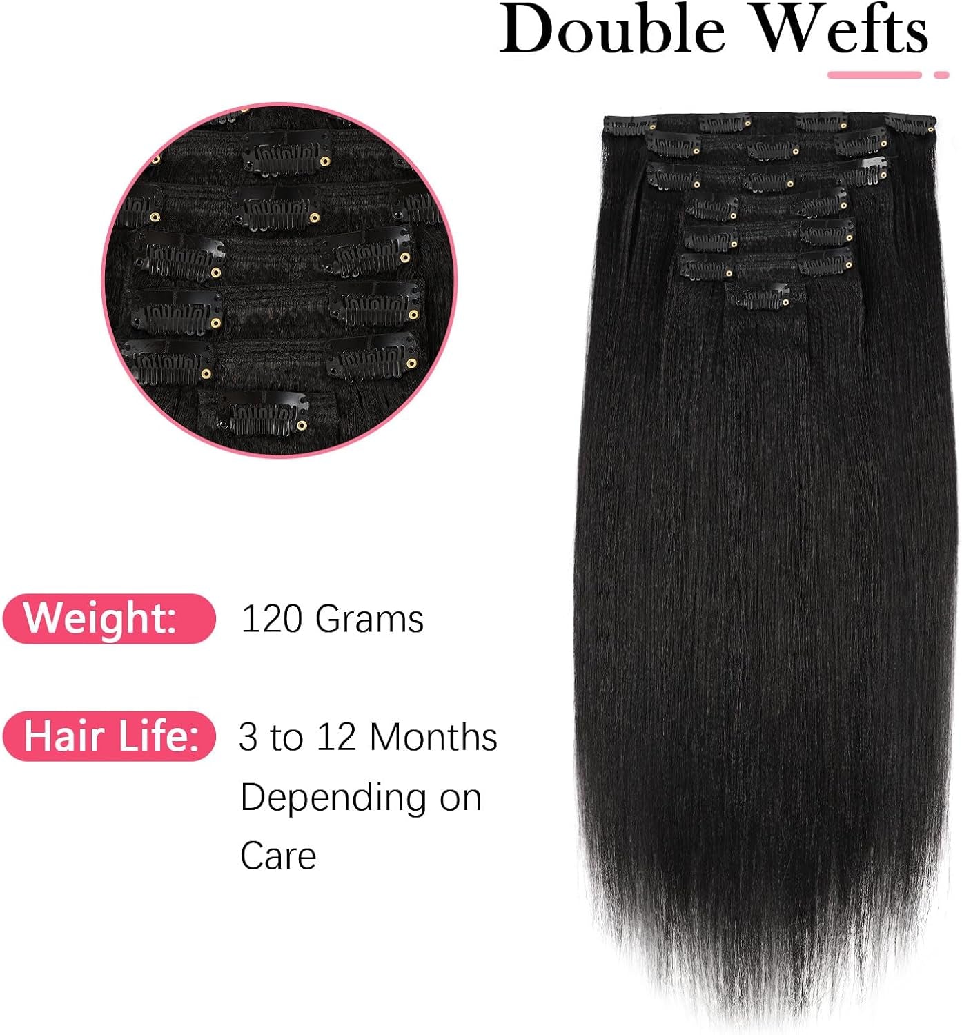 Clip in Human Hair Extensions Yaki Straight Style Natural Color 100% Remy Unprocessed Soft Clip on Extensions for Black Women 7 Pieces/Set 120 Grams YS 16 Inch