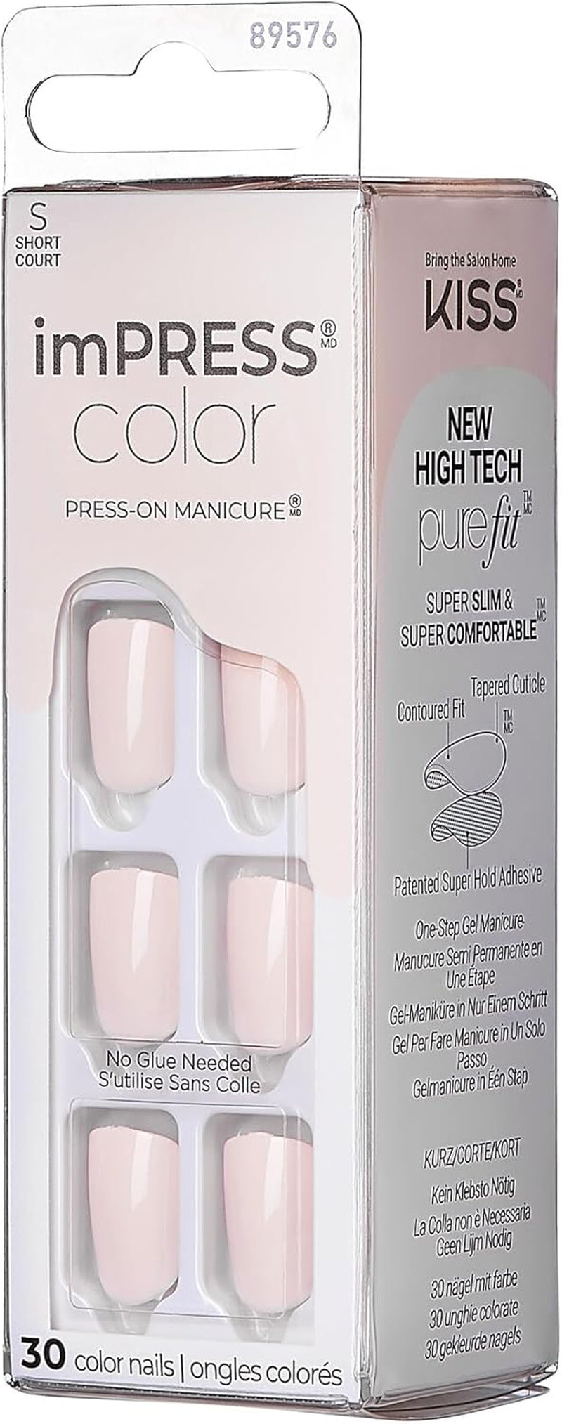 Impress No Glue Mani 30 Pcs Press on Nails, Medium Squoval Design Nail, Solid Pure White Print, Simple Peel & Press Easy Apply, Hassel-Free Removal, Essential Tools Included