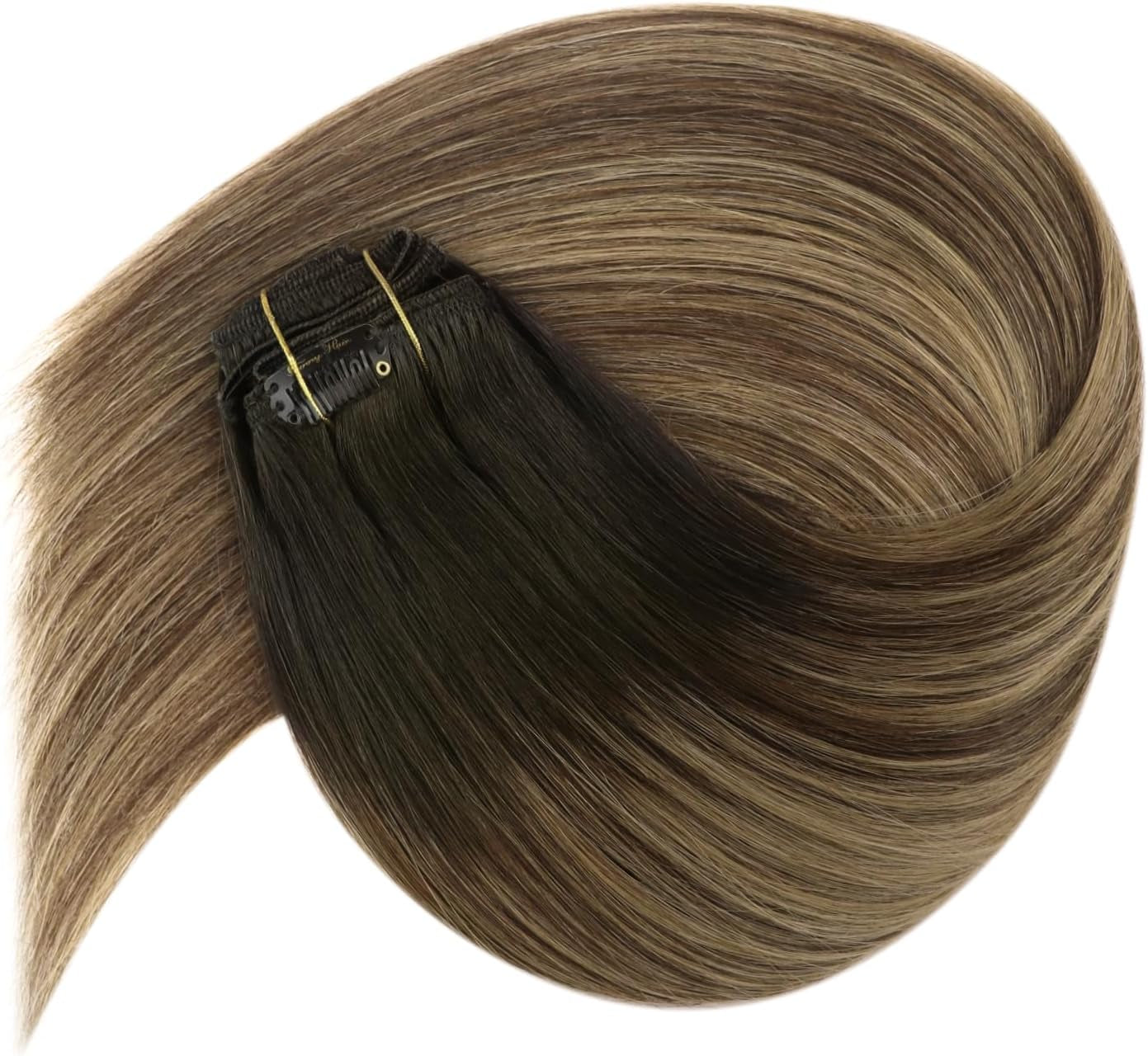 12Inch Clip in Hair Extensions Human Hair Black Ombre Brown to Blonde Balayage Clip in Hair Extensions for Women