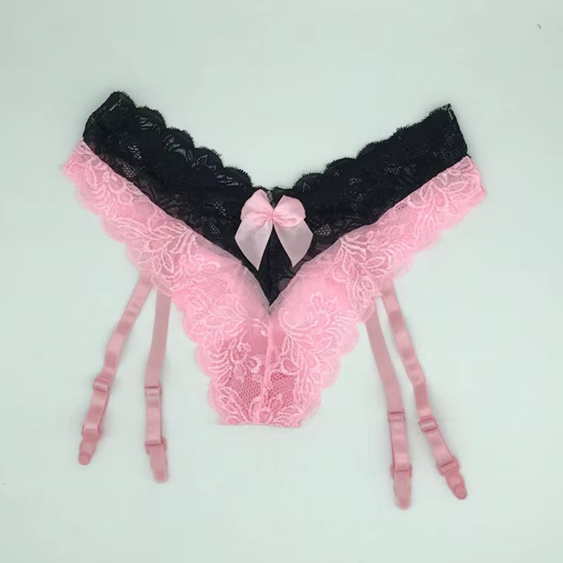 Women Sexy Lace Transparent Garters Belt Seamless Intimate Underwear Pearl Massage Panties with Suspender Belt for Stockings