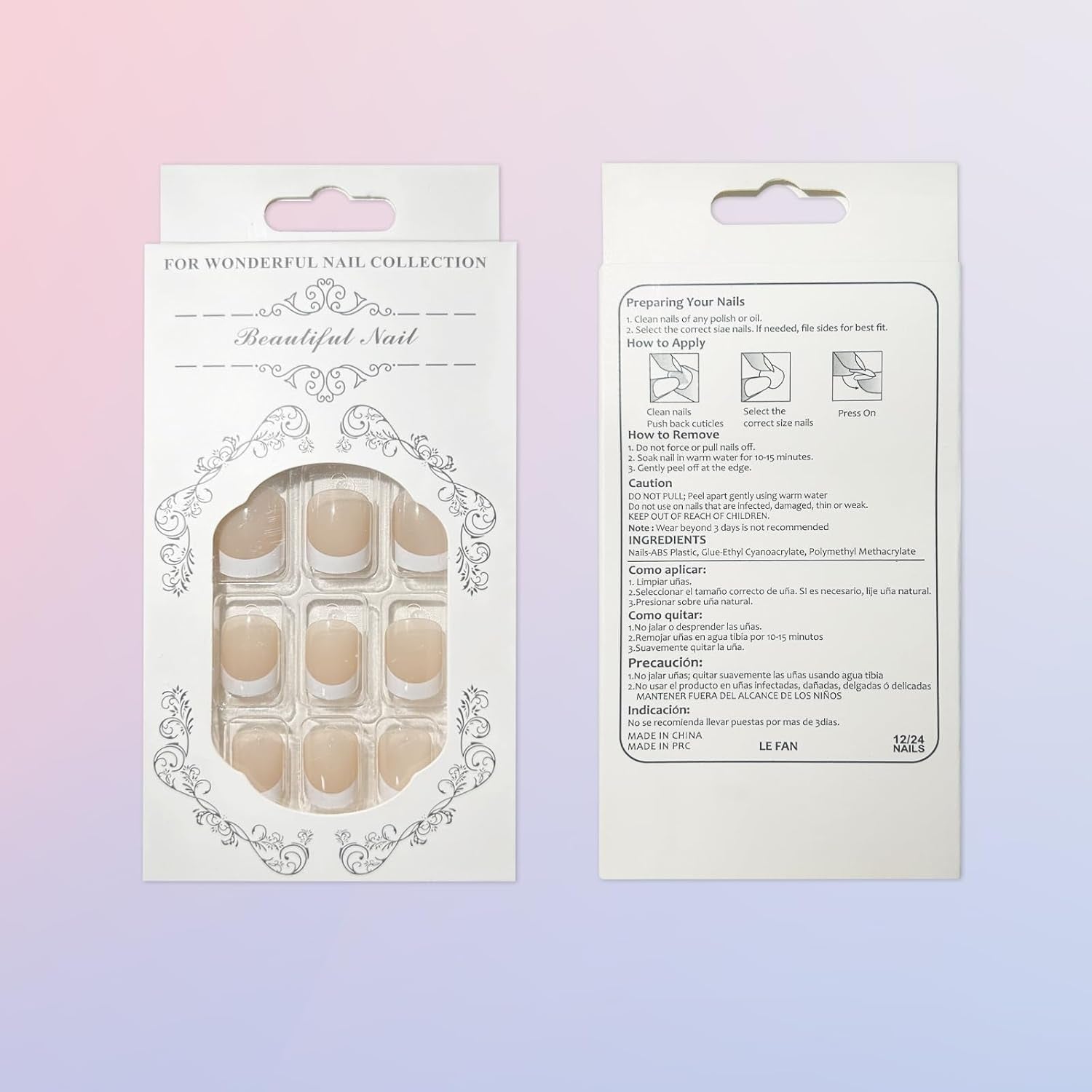 Short Press on Nails, Natural Fake Nails Frech Tip Press on Nails Glue on Nails Kit with 2 Adhesive Tab, Nail File, Cuticle Stick and Prep Pad, 24 Nails