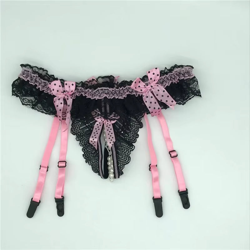 Women Sexy Lace Transparent Garters Belt Seamless Intimate Underwear Pearl Massage Panties with Suspender Belt for Stockings