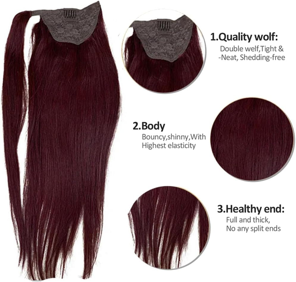 99J Wine Red Straight Ponytail Extension Human Hair with Wrap around Clip in Ponytail Human Hair Extensions Straight Hair Burgundy Color 18Inch 150G/Pack