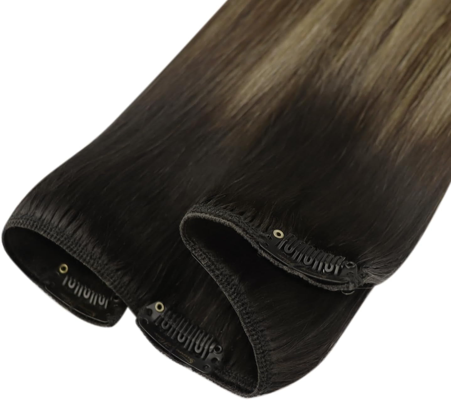 12Inch Clip in Hair Extensions Human Hair Black Ombre Brown to Blonde Balayage Clip in Hair Extensions for Women