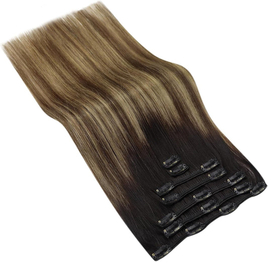 12Inch Clip in Hair Extensions Human Hair Black Ombre Brown to Blonde Balayage Clip in Hair Extensions for Women