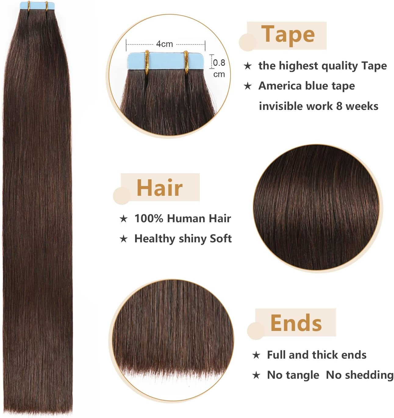 Tape in Human Hair Extensions 16 Inches 20Pcs 40G Silky Straight Tape in Hair Extensions Remy Human Hair #2 Dark Brown Tape in Hair Extensions(16 Inch #2)