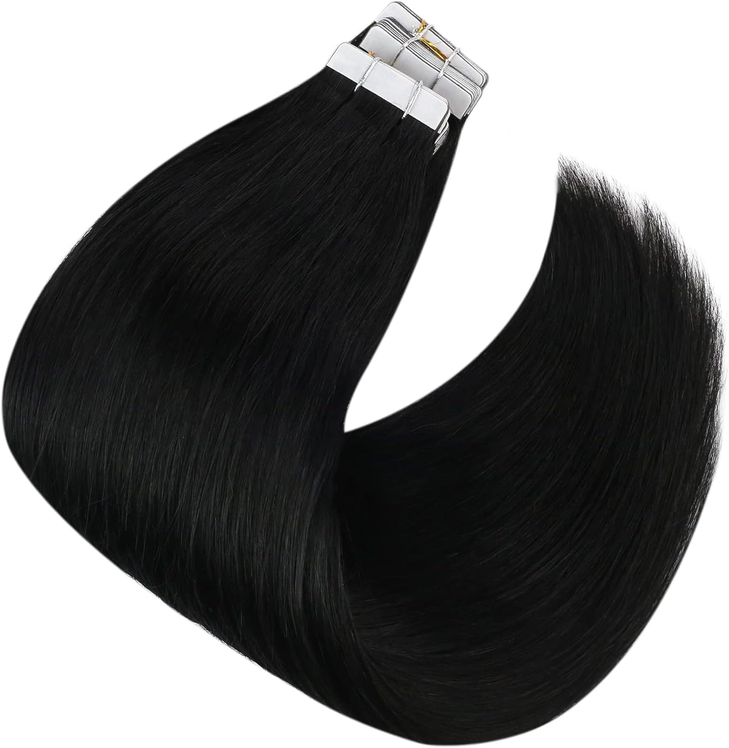 Tape in Hair Extensions Human Hair Invisible Tape in Hair Extensions 10Pcs Tape in Extensions Real Human Hair Straight Hair Extensions for Women 16 Inch Jet Black Color
