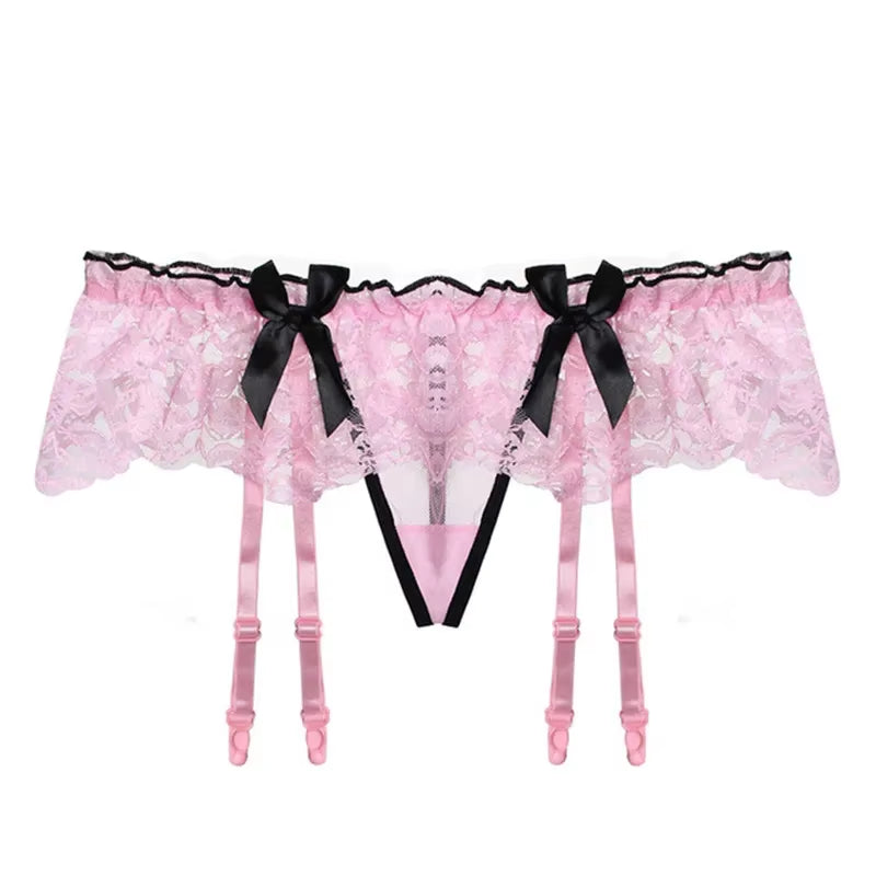 Women Sexy Lace Transparent Garters Belt Seamless Intimate Underwear Pearl Massage Panties with Suspender Belt for Stockings