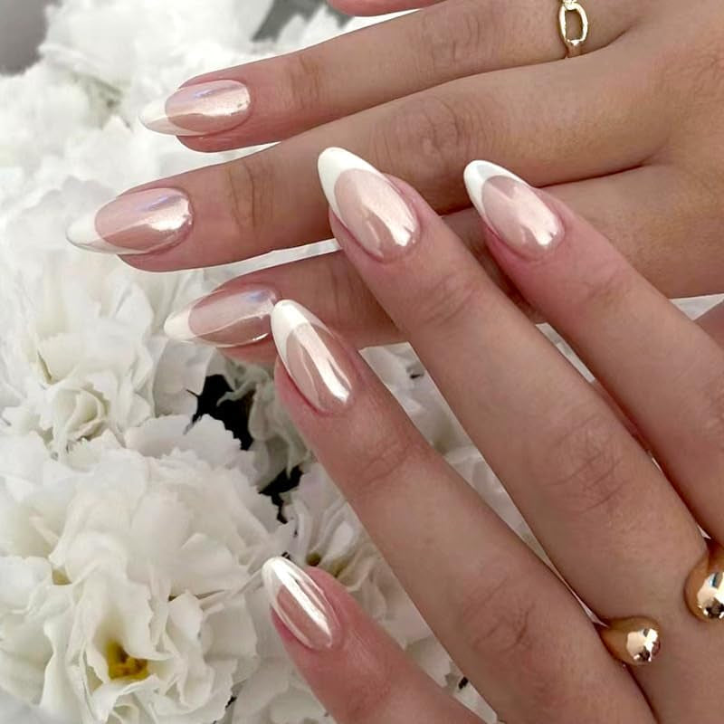 Press on Nails Short Long Almond Square Ballet Shape - Glue on Nails, Reusable False Nails for Women and Girls - 24PCS (Aurora Almond White)