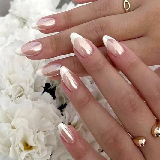 Press on Nails Short Long Almond Square Ballet Shape - Glue on Nails, Reusable False Nails for Women and Girls - 24PCS (Aurora Almond White)