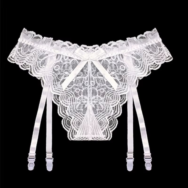 Women Sexy Lace Transparent Garters Belt Seamless Intimate Underwear Pearl Massage Panties with Suspender Belt for Stockings