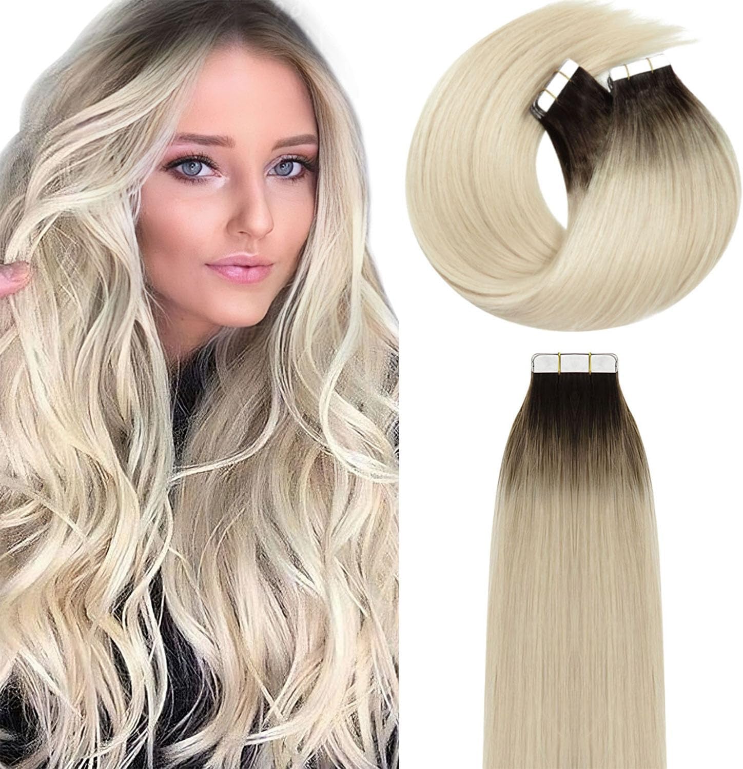 Tape in Hair Extensions Human Hair Dip Dyed Ombre Darker Brown to Platinum Blond Seamless PU Skin Weft Natural Hair 20 Inch Invisible Tape in Human Hair Extensions Double Side 50G 20Pcs/Set
