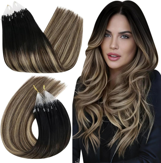 Hair Extensions Micro Loop 16 Inch Micro Ring Human Hair Extensions 50Gram Micro Loop Fusion Remy Human Hair Extensions Balayage Color 50S