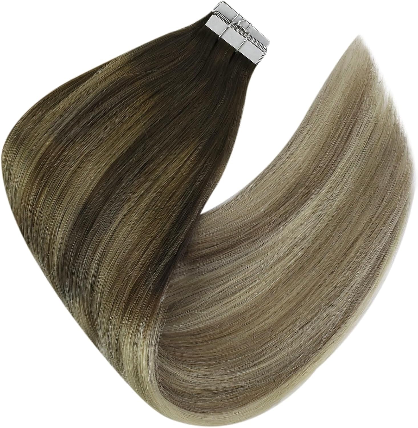 Tape in Hair Extensions Invisible Tape in Hair Extensions Human Hair 20Inch Dark Brown with Blonde Balayage Human Hair Tape in Extensions for Women 20Pcs