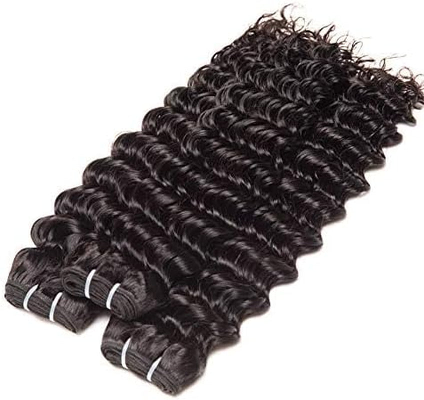Deep Wave Remy Human Hair 3 Bundles Brazilian Virgin Hair Weave Bundles Deep Wave 12A Grade Unprocessed Hair Extensions Natural Black (Black, DEEP22 22 22)