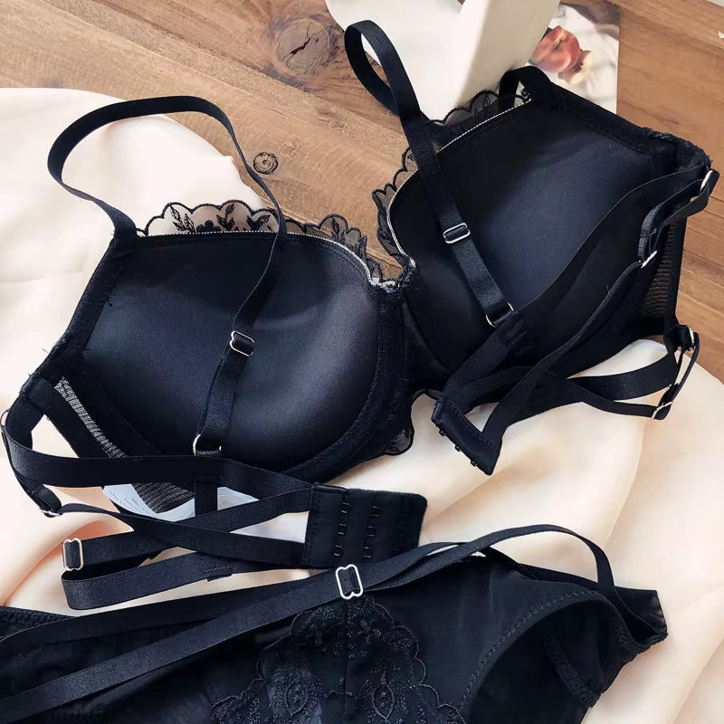 Plus Size BCD Cup Thicken Push up Women Sexy Lace Bra and Panty Set French Embroidery Underwear Hi-Q Hollow Out Intimates